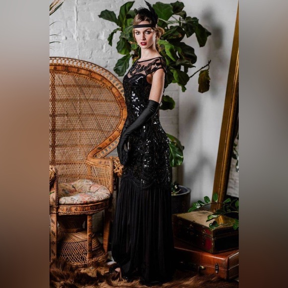Vintage1920s Gatsby Flapper Beaded Sequins Maxi Long Sheer Dress size L (12) - Picture 2 of 7